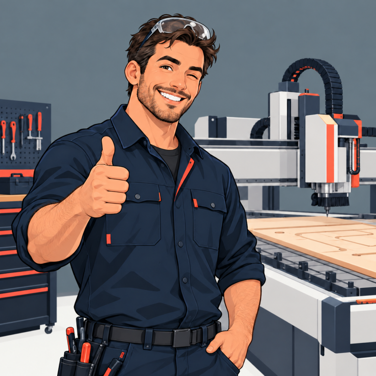 Illustration of a smiling CNC technician beside a machine